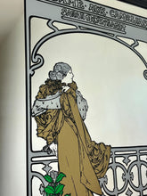 Load image into Gallery viewer, Wonderful Mucha art nouveau mirror featuring a glamorous theatre advertising piece in vivid matte colours, an elegant lady, and a fabulous backdrop.
