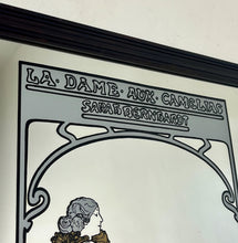 Load image into Gallery viewer, Wonderful Mucha art nouveau mirror featuring a glamorous theatre advertising piece in vivid matte colours, an elegant lady, and a fabulous backdrop.
