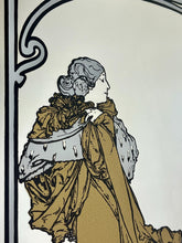 Load image into Gallery viewer, Wonderful Mucha art nouveau mirror featuring a glamorous theatre advertising piece in vivid matte colours, an elegant lady, and a fabulous backdrop.
