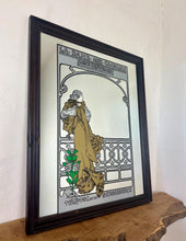 Load image into Gallery viewer, Wonderful Mucha art nouveau mirror featuring a glamorous theatre advertising piece in vivid matte colours, an elegant lady, and a fabulous backdrop.
