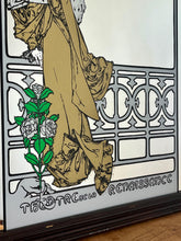 Load image into Gallery viewer, Wonderful Mucha art nouveau mirror featuring a glamorous theatre advertising piece in vivid matte colours, an elegant lady, and a fabulous backdrop.
