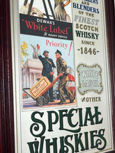 Load image into Gallery viewer, It includes a depiction of a seated Scotsman with a glass of whisky, and another scene below showing men with a cart, which are classic elements of Dewar's vintage advertising campaigns.
