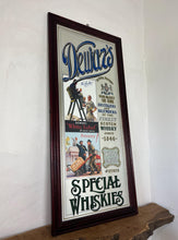 Load image into Gallery viewer, It includes a depiction of a seated Scotsman with a glass of whisky, and another scene below showing men with a cart, which are classic elements of Dewar's vintage advertising campaigns.
