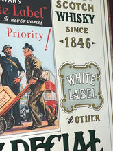 Load image into Gallery viewer, It includes a depiction of a seated Scotsman with a glass of whisky, and another scene below showing men with a cart, which are classic elements of Dewar's vintage advertising campaigns.
