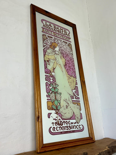 Beautiful vintage Alphonse Mucha Art Nouveau mirror featuring La Dame aux Camélias, Sarah Bernhardt, theatre advertising.