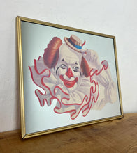 Load image into Gallery viewer, Vintage Elmo the Clown mirror created by the American artist Arthur Sarnoff. This  image shows a cheerful whiteface clown with red hair, a large ruffled collar, and a small straw hat tipped playfully to the side.
