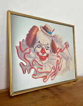 Load image into Gallery viewer, Vintage Elmo the Clown mirror created by the American artist Arthur Sarnoff. This  image shows a cheerful whiteface clown with red hair, a large ruffled collar, and a small straw hat tipped playfully to the side.
