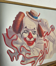 Load image into Gallery viewer, Vintage Elmo the Clown mirror created by the American artist Arthur Sarnoff. This  image shows a cheerful whiteface clown with red hair, a large ruffled collar, and a small straw hat tipped playfully to the side.
