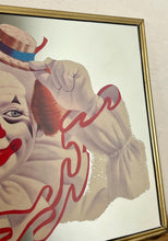 Load image into Gallery viewer, Vintage Elmo the Clown mirror created by the American artist Arthur Sarnoff. This  image shows a cheerful whiteface clown with red hair, a large ruffled collar, and a small straw hat tipped playfully to the side.
