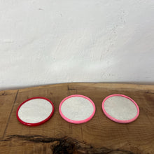 Load image into Gallery viewer, Beautiful mid-century vintage compact mirrors or small circular handbag mirrors featuring pin-up style art from the mid-20th century.
