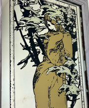 Load image into Gallery viewer, The design is stunning, featuring a glamorous lady wearing a long white shawl against a winter backdrop of trees and plants with a snowy finish. The border is equally impressive with stars and gold infill, hints of gold, and a winter mark in a lovely font.
