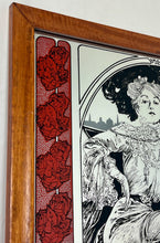Load image into Gallery viewer, A central female figure with flowing hair, a common motif in Mucha's works. Rich, decorative elements including flowers and an ornate background, emphasizing nature's forms.
