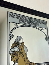 Load image into Gallery viewer, Wonderful Mucha art nouveau mirror featuring a glamorous theatre advertising piece in vivid matte colours, an elegant lady, and a fabulous backdrop.
