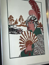 Load image into Gallery viewer, The piece highlights the style and stroke of the Art Deco era, depicting a glamorous, Parisian scene of a guest in evening dress waving as she leaves a party by car. Barbier was known for his ornate and luxurious style, capturing the fashion and spirit of the 1920s.

