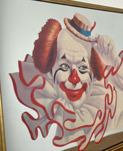 Load image into Gallery viewer, Vintage Elmo the Clown mirror created by the American artist Arthur Sarnoff. This  image shows a cheerful whiteface clown with red hair, a large ruffled collar, and a small straw hat tipped playfully to the side.
