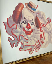 Load image into Gallery viewer, Vintage Elmo the Clown mirror created by the American artist Arthur Sarnoff. This  image shows a cheerful whiteface clown with red hair, a large ruffled collar, and a small straw hat tipped playfully to the side.
