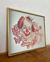 Load image into Gallery viewer, Vintage Elmo the Clown mirror created by the American artist Arthur Sarnoff. This  image shows a cheerful whiteface clown with red hair, a large ruffled collar, and a small straw hat tipped playfully to the side.
