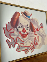 Load image into Gallery viewer, Vintage Elmo the Clown mirror created by the American artist Arthur Sarnoff. This  image shows a cheerful whiteface clown with red hair, a large ruffled collar, and a small straw hat tipped playfully to the side.
