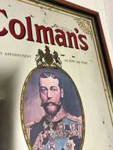 Load image into Gallery viewer, The Mirror has an etched and painted gold border with ornate motifs showing Colmans Mustard pictures and fonts, a very stylish stunning design.

