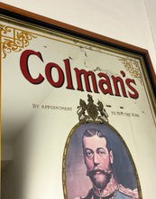 Load image into Gallery viewer, The Mirror has an etched and painted gold border with ornate motifs showing Colmans Mustard pictures and fonts, a very stylish stunning design.
