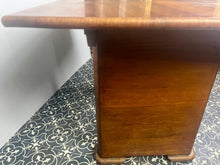 Load image into Gallery viewer, Vintage Art Deco dining table, dating from the 1930s. 
The table is primarily crafted from burr walnut, often featuring highly figured or "book-matched" walnut veneers on the top surface to showcase striking natural grain patterns.
