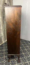 Load image into Gallery viewer, This antique Art Deco furniture piece is a mahogany glazed display cocktail cabinet or bookcase, known for its rich colour and prominent grain, dating from the 1930s.
