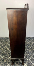 Load image into Gallery viewer, This antique Art Deco furniture piece is a mahogany glazed display cocktail cabinet or bookcase, known for its rich colour and prominent grain, dating from the 1930s.

