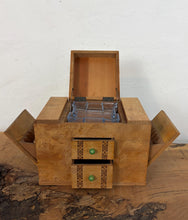 Load image into Gallery viewer, This beautiful object is a mid-20th-century art deco burr-wood smoker's cabinet (or cigarette dispenser box), typically crafted in England or continental Europe around the 1930s to 1950s
