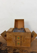 Load image into Gallery viewer, This beautiful object is a mid-20th-century art deco burr-wood smoker's cabinet (or cigarette dispenser box), typically crafted in England or continental Europe around the 1930s to 1950s
