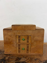 Load image into Gallery viewer, This beautiful object is a mid-20th-century art deco burr-wood smoker's cabinet (or cigarette dispenser box), typically crafted in England or continental Europe around the 1930s to 1950s
