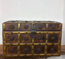 Load image into Gallery viewer, Spectacular antique Anglo -Indian wood and brass-bound trunk or cash box, heavily detailed 19th-century merchant chests or dowry boxes from Rajasthan, India
