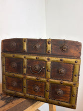 Load image into Gallery viewer, Spectacular antique Anglo -Indian wood and brass-bound trunk or cash box, heavily detailed 19th-century merchant chests or dowry boxes from Rajasthan, India
