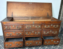 Load image into Gallery viewer, North Country regional antique: The "Mule Chest" Configuration: The upper rows feature faux (dummy) drawer fronts. The top planked lid lifts open like a traditional coffer or blanket box, while only the lower drawers are fully functional.
