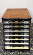 Load image into Gallery viewer, This stunning item is an antique Victorian museum specimen cabinet. It features shallow, wide, glass-topped drawers with integrated grids designed to store specimens, in this case, entomological butterfly’s / Insects.
