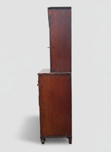 Load image into Gallery viewer, Beautiful Georgian mahogany inlaid secrétaire bookcase, a classic 18th century British furniture design. It combines a display cabinet, a pull-out hidden desk space, and a functional chest of drawers into a single multi-tier case piece.
