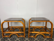 Load image into Gallery viewer, Stylish Italian pair of vintage mid-century modern bohemian bamboo-and-rattan side tables with dark, smoked glass tops.
