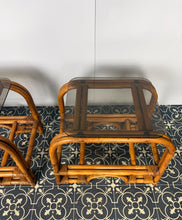 Load image into Gallery viewer, Styling Italian Mid Century Modern Bamboo and Rattan Side Tables, Bedroom Decor, Smoked Glass
