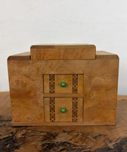 Load image into Gallery viewer, This beautiful object is a mid-20th-century art deco burr-wood smoker's cabinet (or cigarette dispenser box), typically crafted in England or continental Europe around the 1930s to 1950s
