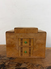Load image into Gallery viewer, This beautiful object is a mid-20th-century art deco burr-wood smoker's cabinet (or cigarette dispenser box), typically crafted in England or continental Europe around the 1930s to 1950s
