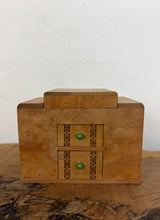 Load image into Gallery viewer, This beautiful object is a mid-20th-century art deco burr-wood smoker's cabinet (or cigarette dispenser box), typically crafted in England or continental Europe around the 1930s to 1950s
