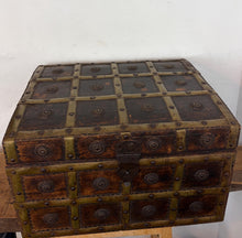 Load image into Gallery viewer, Spectacular antique Anglo -Indian wood and brass-bound trunk or cash box, heavily detailed 19th-century merchant chests or dowry boxes from Rajasthan, India

