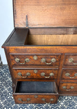 Load image into Gallery viewer, North Country regional antique: The "Mule Chest" Configuration: The upper rows feature faux (dummy) drawer fronts. The top planked lid lifts open like a traditional coffer or blanket box, while only the lower drawers are fully functional.
