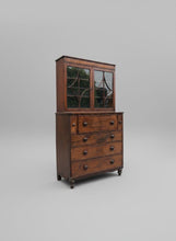 Load image into Gallery viewer, Beautiful Georgian mahogany inlaid secrétaire bookcase, a classic 18th century British furniture design. It combines a display cabinet, a pull-out hidden desk space, and a functional chest of drawers into a single multi-tier case piece.
