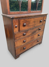 Load image into Gallery viewer, Beautiful Georgian mahogany inlaid secrétaire bookcase, a classic 18th century British furniture design. It combines a display cabinet, a pull-out hidden desk space, and a functional chest of drawers into a single multi-tier case piece.
