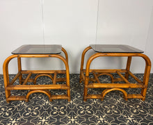 Load image into Gallery viewer, Styling Italian Mid Century Modern Bamboo and Rattan Side Tables, Bedroom Decor, Smoked Glass
