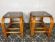 Load image into Gallery viewer, Styling Italian Mid Century Modern Bamboo and Rattan Side Tables, Bedroom Decor, Smoked Glass
