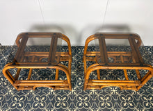 Load image into Gallery viewer, Styling Italian Mid Century Modern Bamboo and Rattan Side Tables, Bedroom Decor, Smoked Glass
