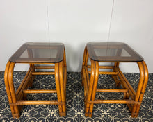 Load image into Gallery viewer, Styling Italian Mid Century Modern Bamboo and Rattan Side Tables, Bedroom Decor, Smoked Glass
