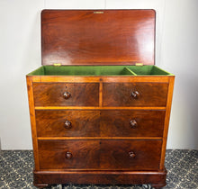 Load image into Gallery viewer, Antique Mahogany Lift-Top Campaign Style Chest of Drawers. This exceptional antique mahogany lift-top chest of drawers boasts historical provenance, bearing the prestigious Walter Carter’s Depository label—a premier Manchester cabinet maker and depository acquired by Harrods Ltd in 1920.
