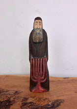 Load image into Gallery viewer, Vintage Hand-Carved Wooden Jewish Figurine with Menorah Sculpture – Traditional Folk Art Statue

